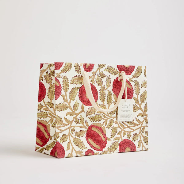 Hand Block Printed Festive Gift Bags - Marigold Glitz Scarlet