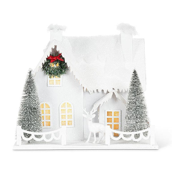 Large Snowy House & Deer With LED Lights