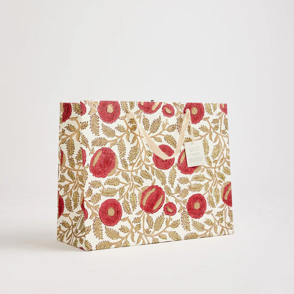 Hand Block Printed Festive Gift Bags - Marigold Glitz Scarlet