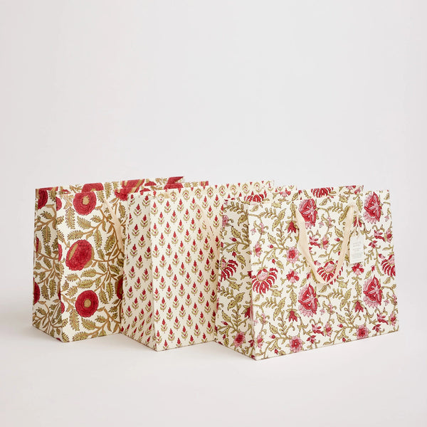 Hand Block Printed Festive Gift Bags - Marigold Glitz Scarlet