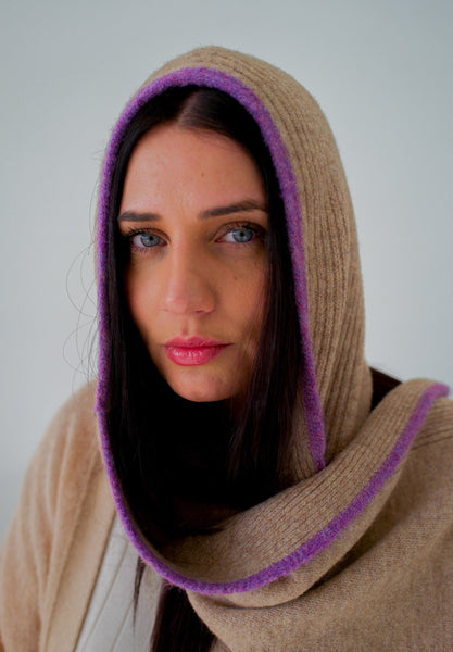 Striped Hoody Scarf - Camel & Purple