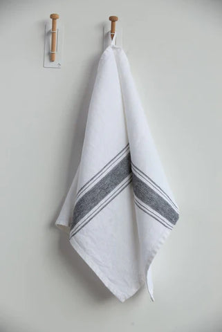 Maison White/Charcoal and Black Stripes Linen Tea/Hand Towel