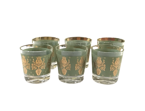 Vintage Set of 6 Sage Green & Gold Glasses