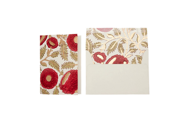 Hand Block Printed Greeting Card - Marigold Glitz Scarlet