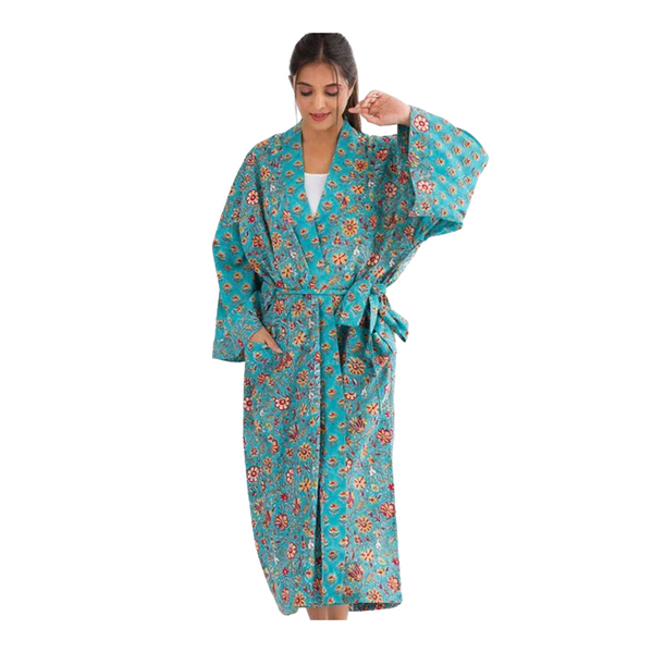 Long Kimono Robe - Turquoise & Gold